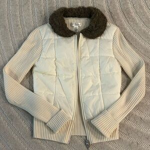 White House and Black Market Quilted Puffer Knit Jacket with Fur Collar - S